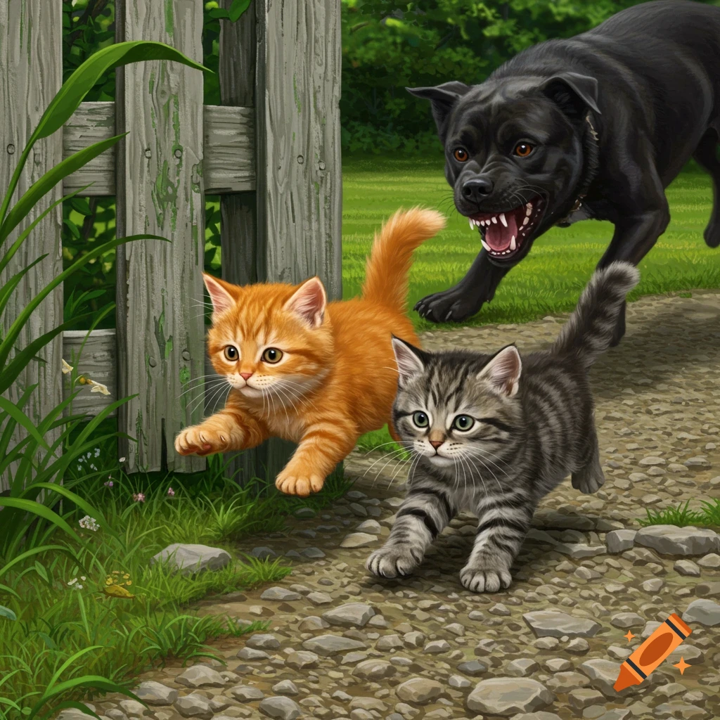 Two kittens running from a black dog near a wooden fence.