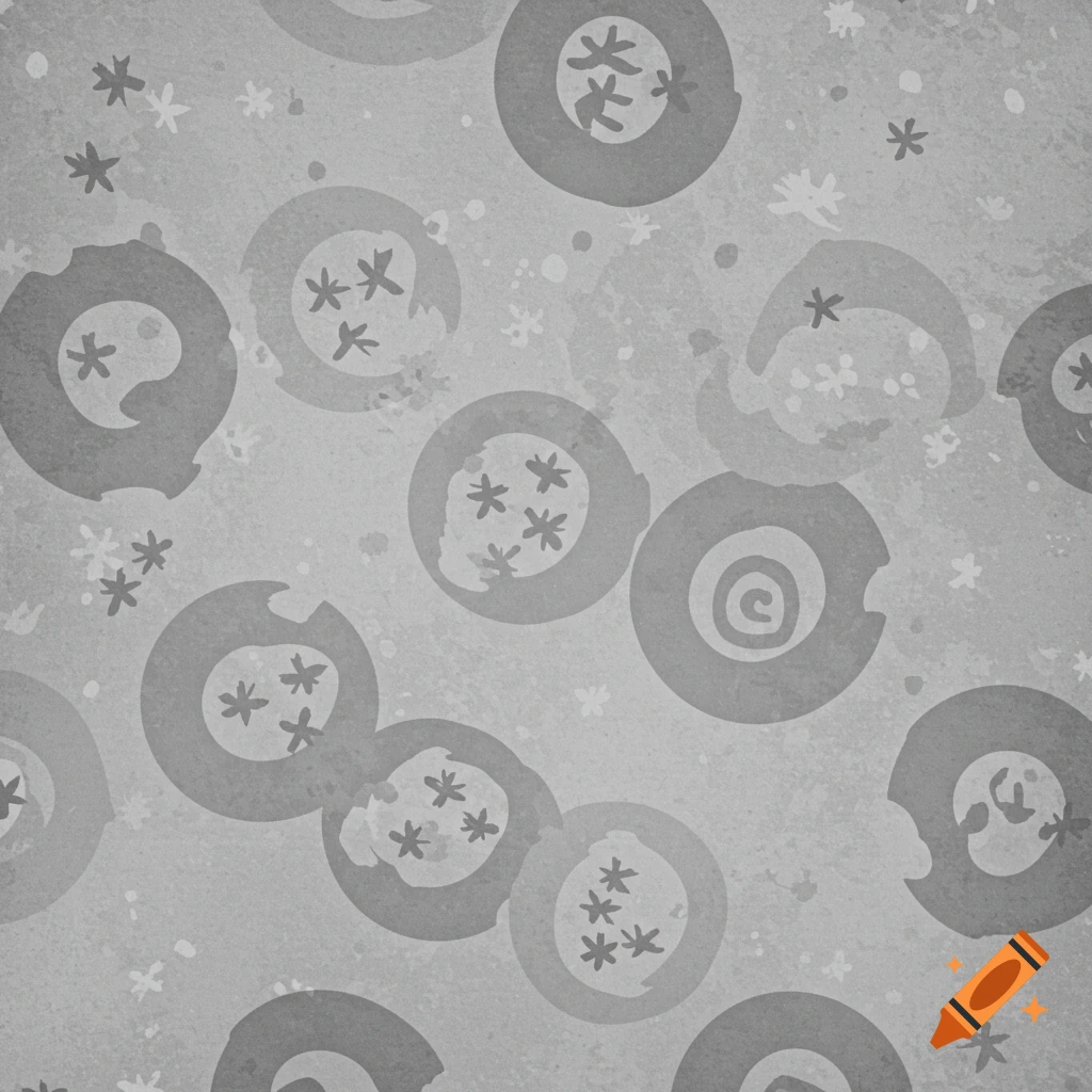 Grayscale abstract pattern with circles containing star shapes on a textured background.