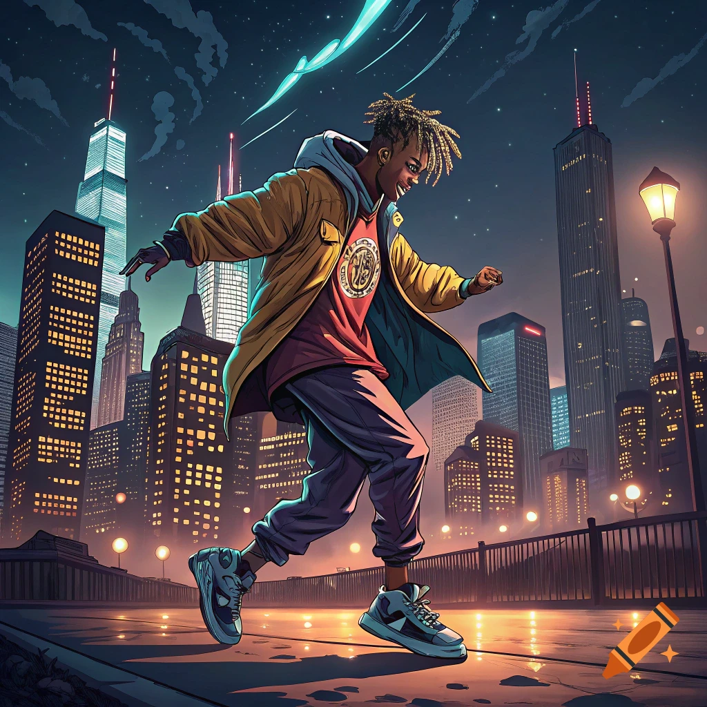 Illustrated person dancing in a city at night