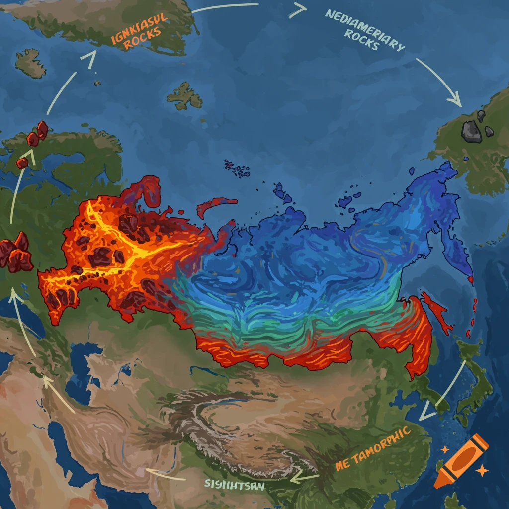 A map of Russia depicting a rock cycle with red and blue regions and labels.