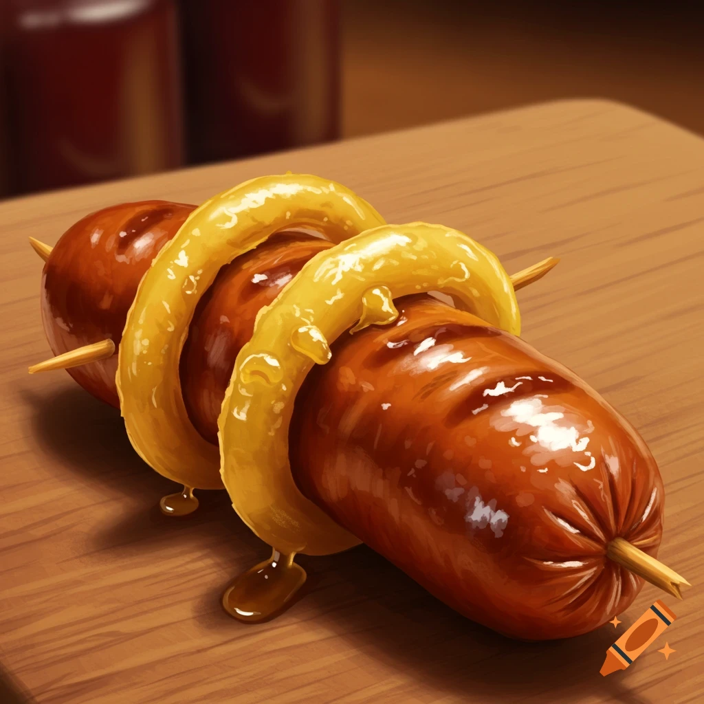 A sausage is threaded with onion rings and sits on a wooden table.