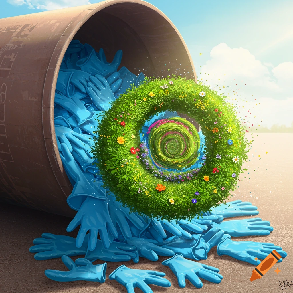 Blue gloves spilling from a container, transforming into a spiral green wreath with flowers