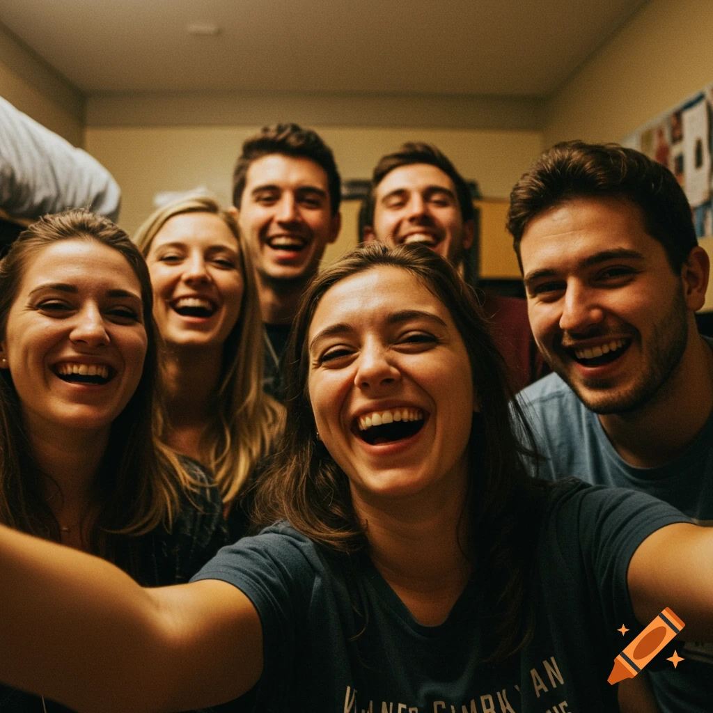 A group of college friends laughing and taking a casual selfie indoors.