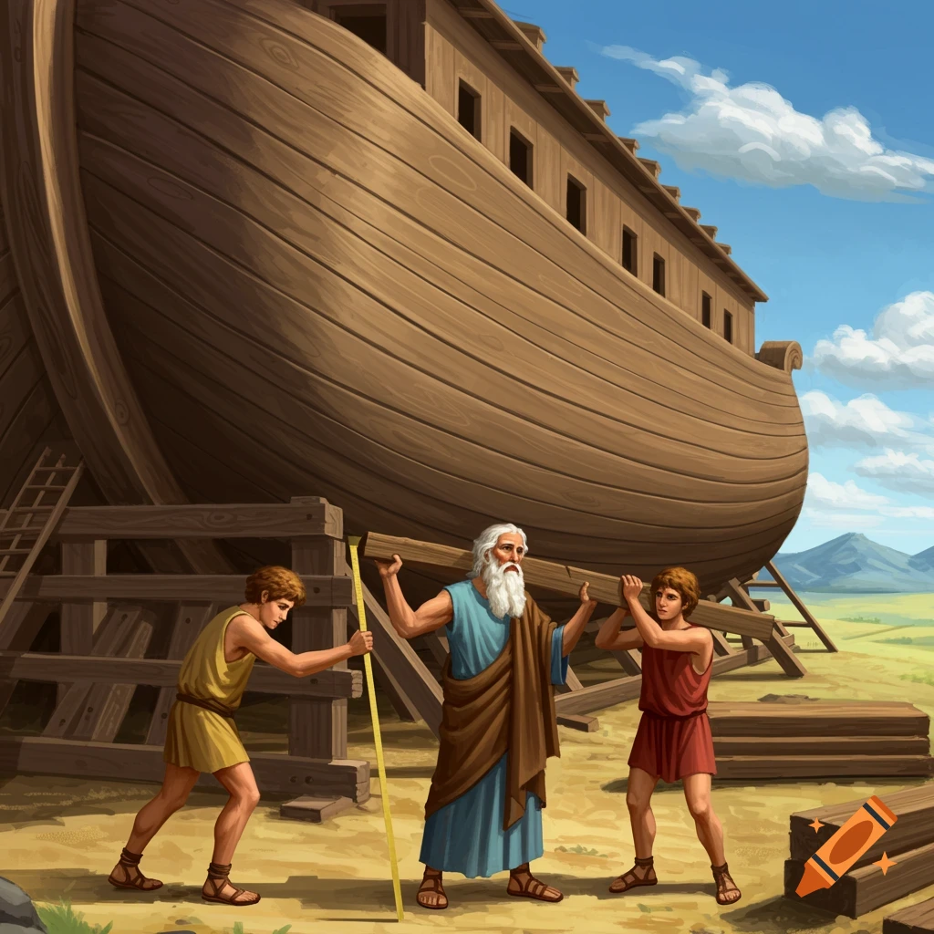 Noah and his two sons building a large wooden ark