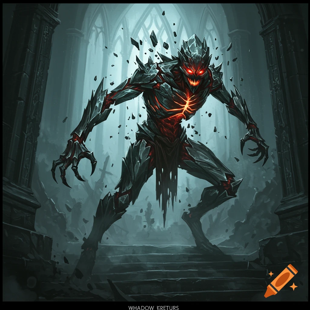 A sharp, monstrous creature with glowing red eyes and chest stands in a dark, ruined gothic setting.