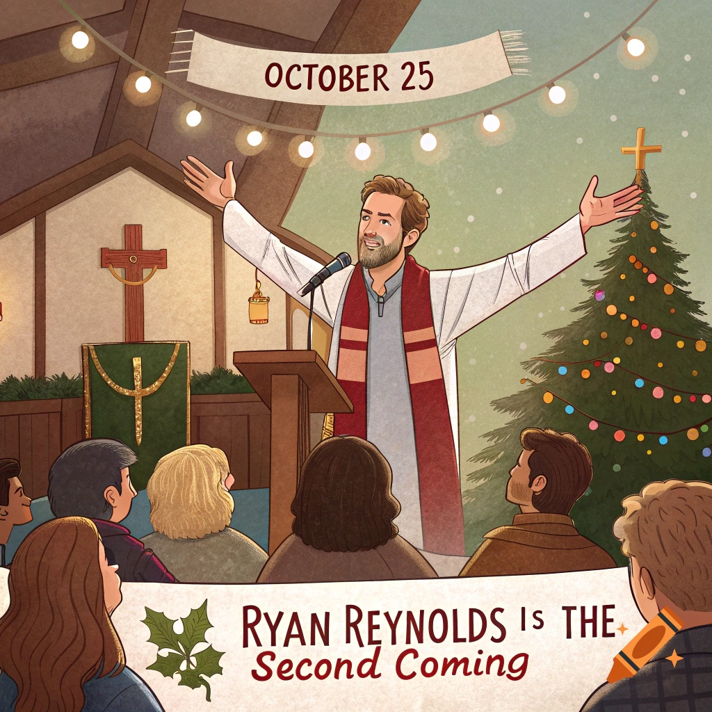 Cartoon illustration of a man resembling Ryan Reynolds speaking at a church podium to an audience.