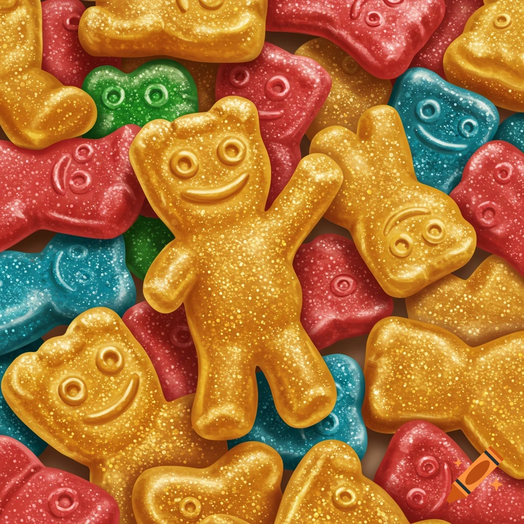 Colorful, glittering gummy candies in various shapes, including bears with faces.