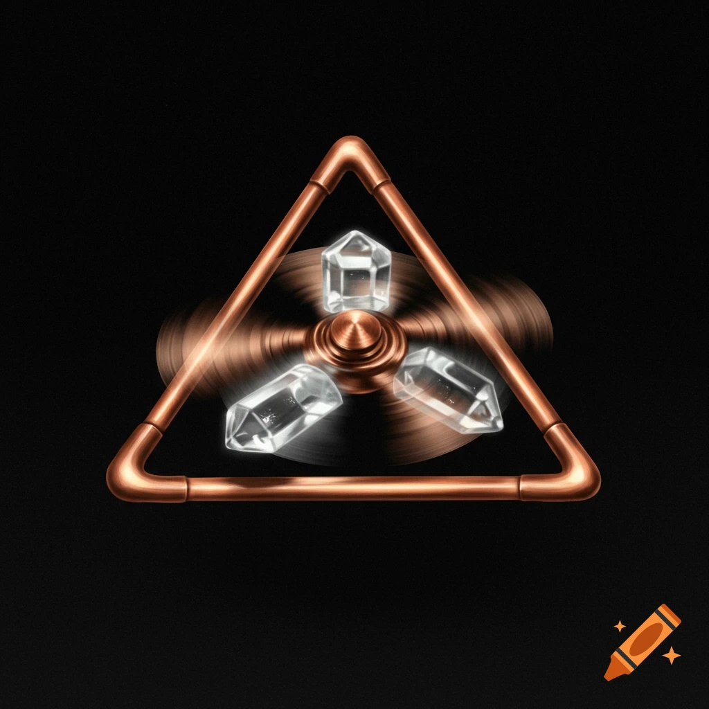 Copper triangle frame with spinning crystals on a spindle against black.