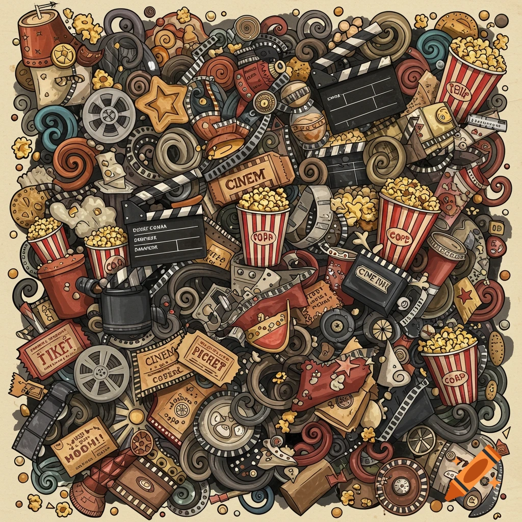 Busy illustration of cinema objects like popcorn, film reels, tickets, and clapperboards in a doodle style.