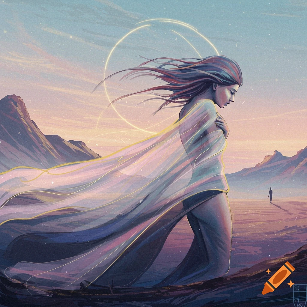A woman in flowing cloth with a halo is depicted in a desolate landscape at twilight.