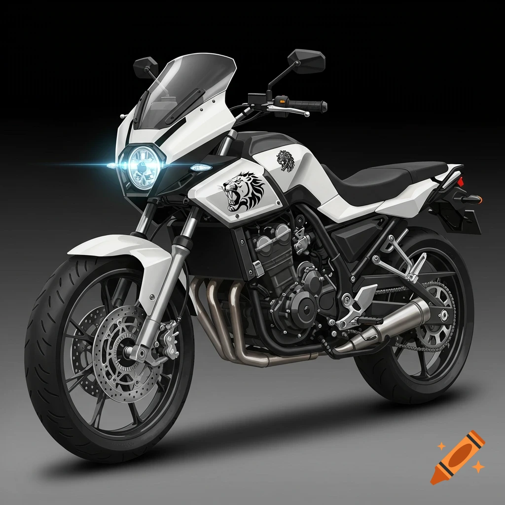 A white and black motorcycle with lion logos, against a black background.