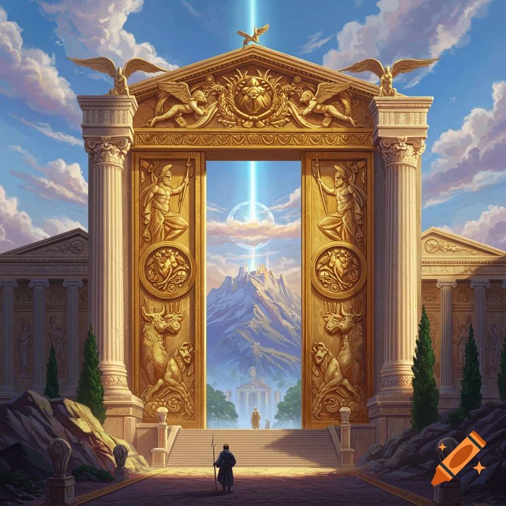 Grand golden gates to Olympus with statues, set in a mountain landscape under a bright sky.