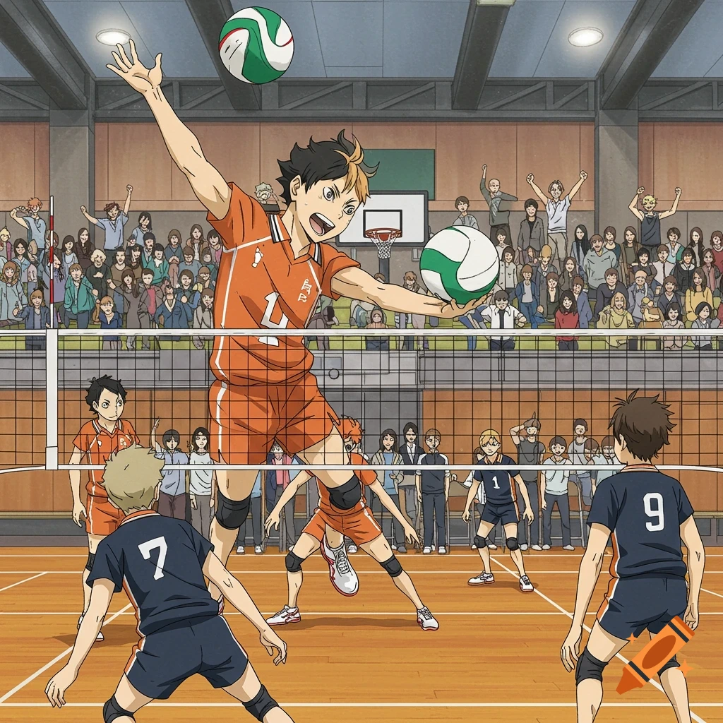 Anime players playing volleyball in a crowded gymnasium