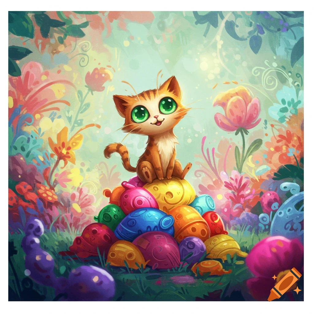 A cute cartoon cat sits on a pile of colourful eggs in a vibrant fantasy garden.