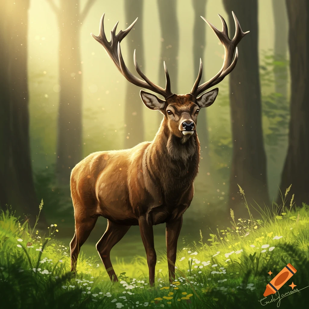 A deer buck is in a sunlit forest clearing.