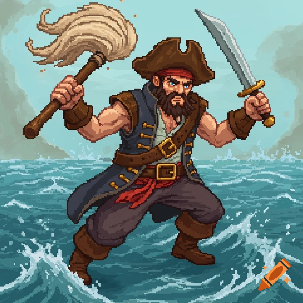 A pixel art pirate stands in the ocean waves, holding a mop and a sword.