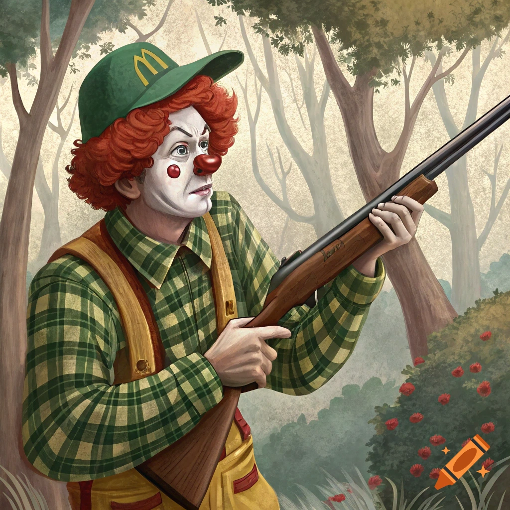 Illustration of a clown resembling Ronald McDonald, dressed like Elmer Fudd with a shotgun in a forest.