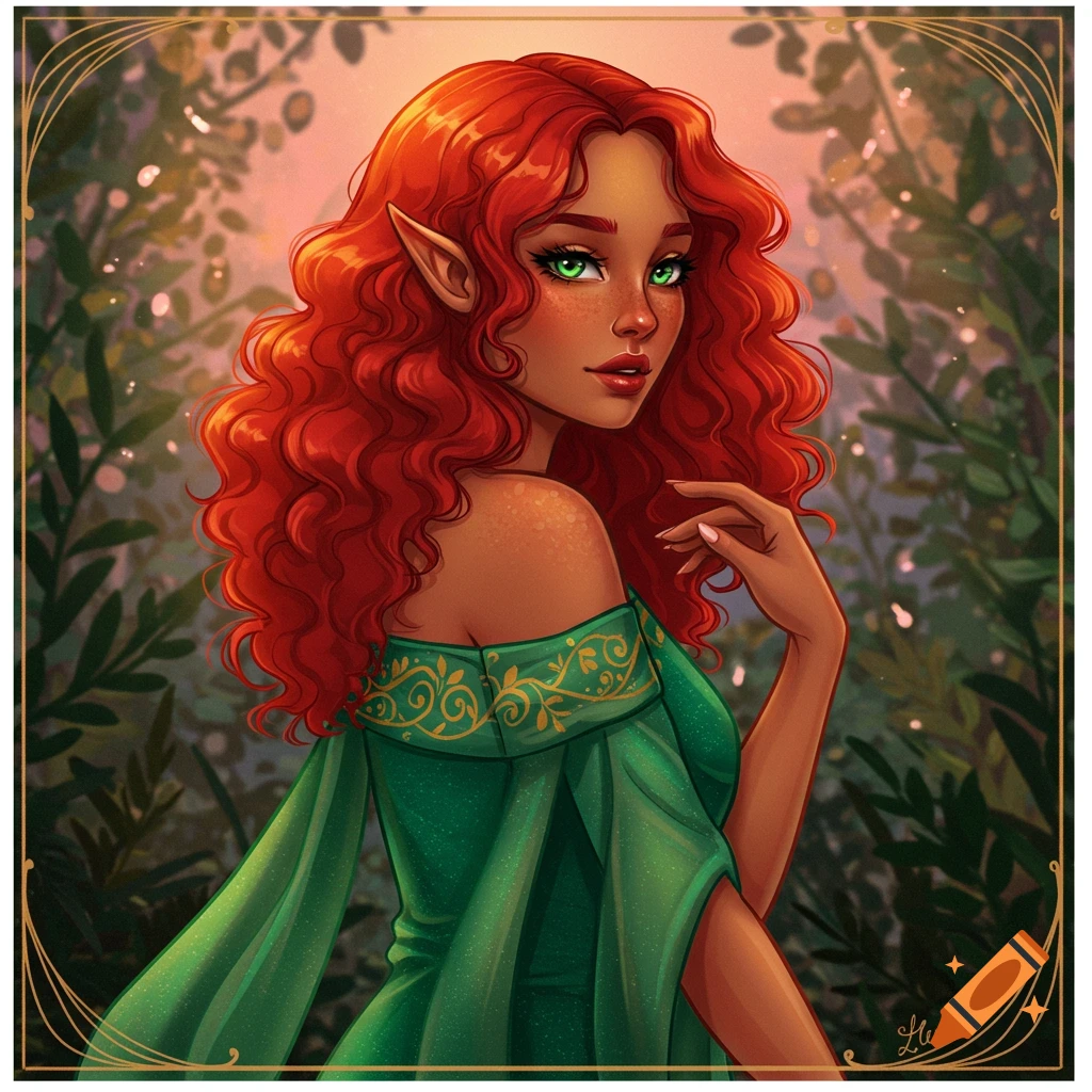 A red-haired elf woman in a green dress stands in a forest. on Craiyon