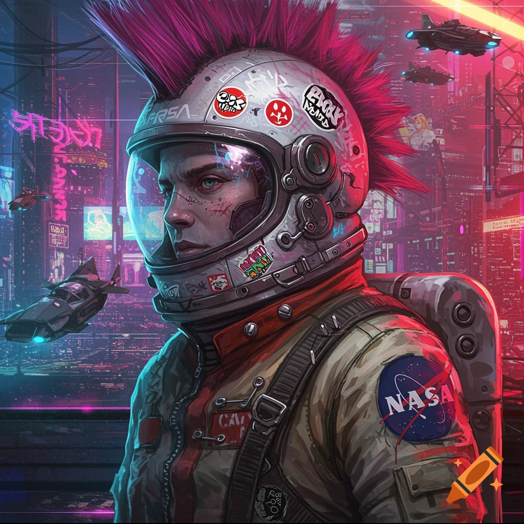 A punk astronaut in a modified spacesuit standing in a neon futuristic city.