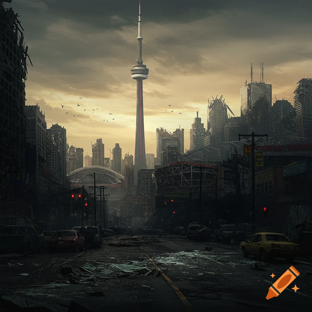 The Toronto city skyline with the CN Tower in ruins under a cloudy sky.