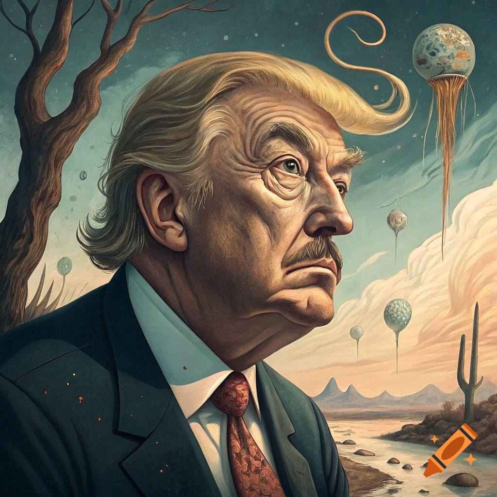 Surreal portrait of Donald Trump in a Salvador Dali style, featuring a desert landscape and floating elements.
