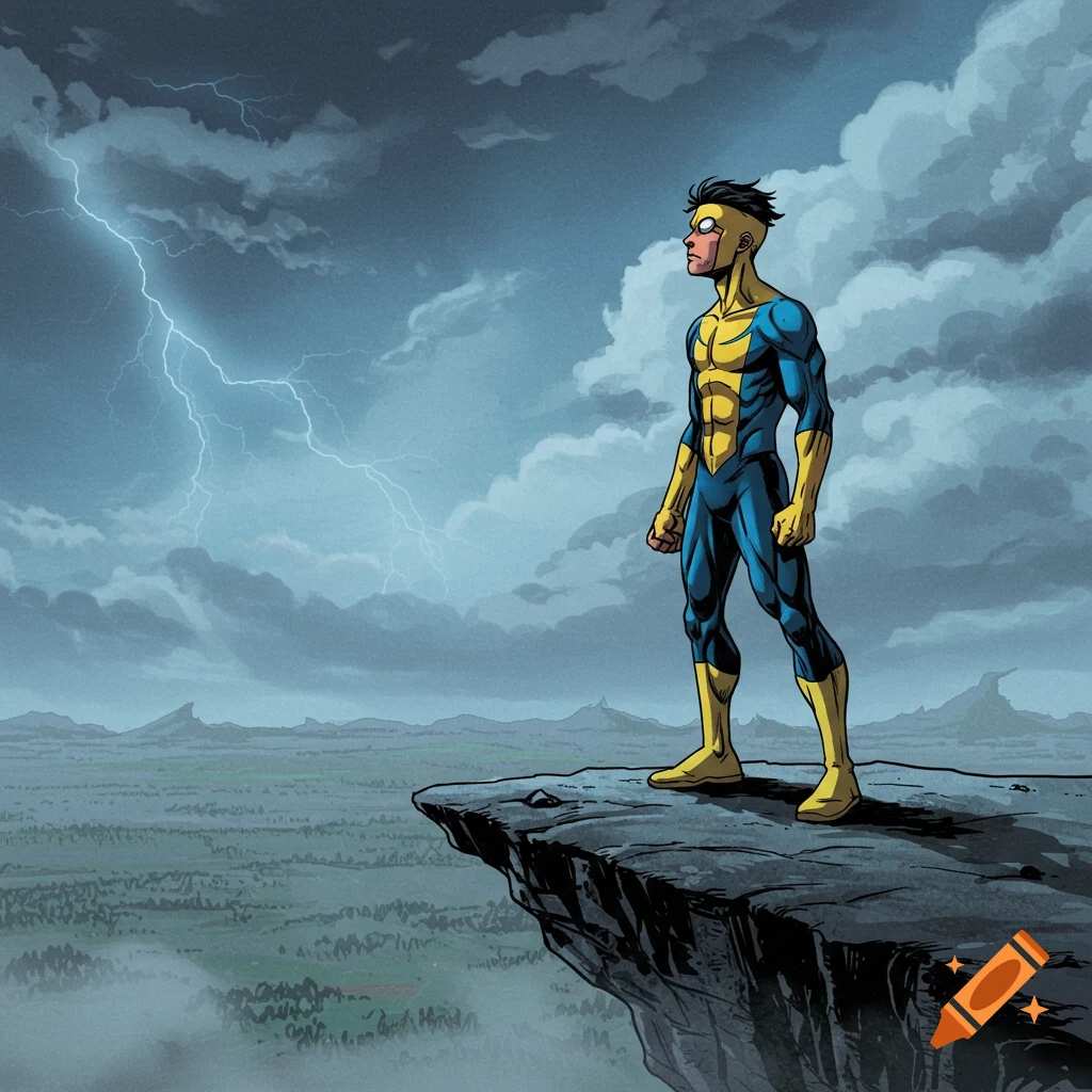 Superhero in blue and yellow suit stands on cliff under stormy sky with lightning, comic art style.