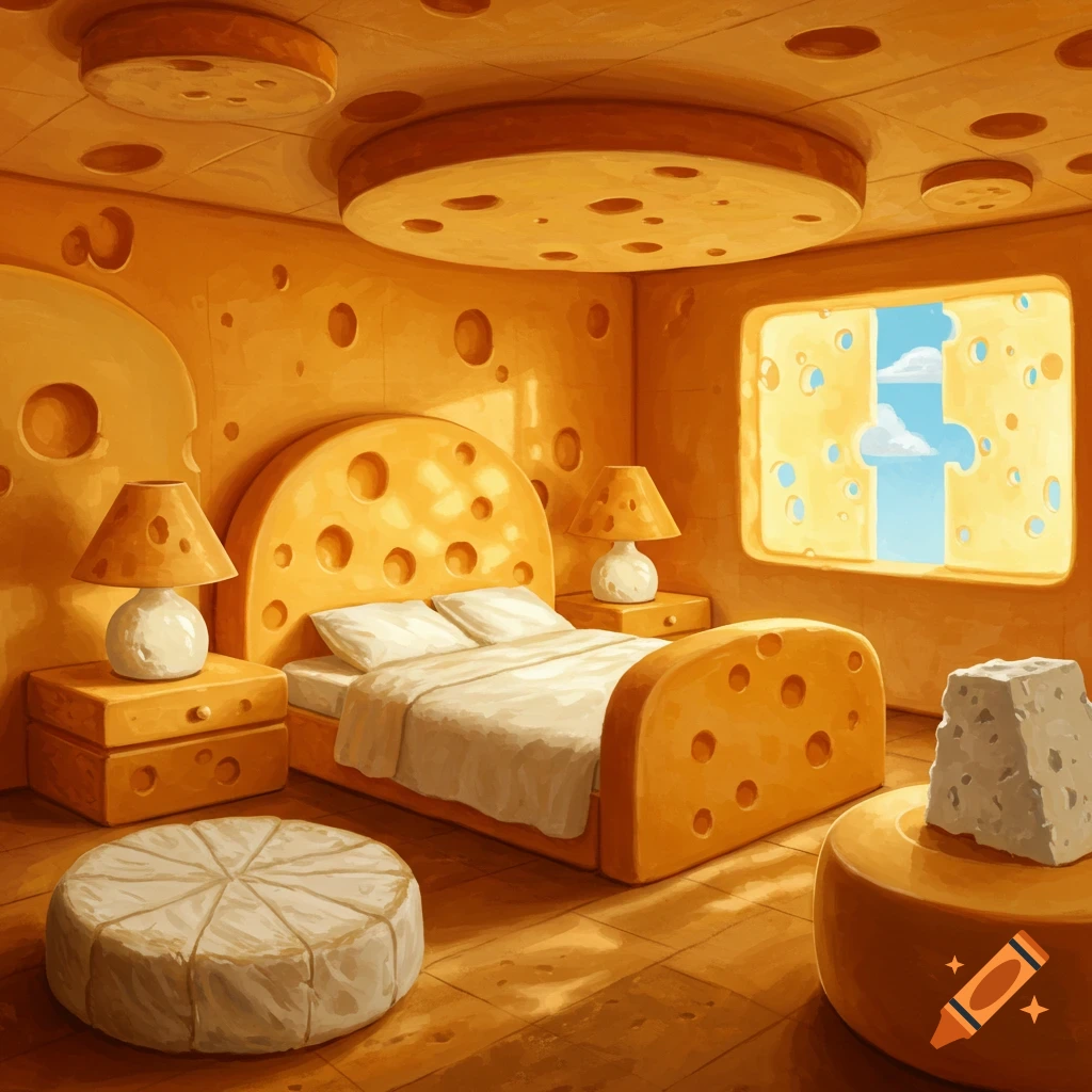 A bedroom where all the furniture and walls are made of cheese, including a bed, lamps, and windows.