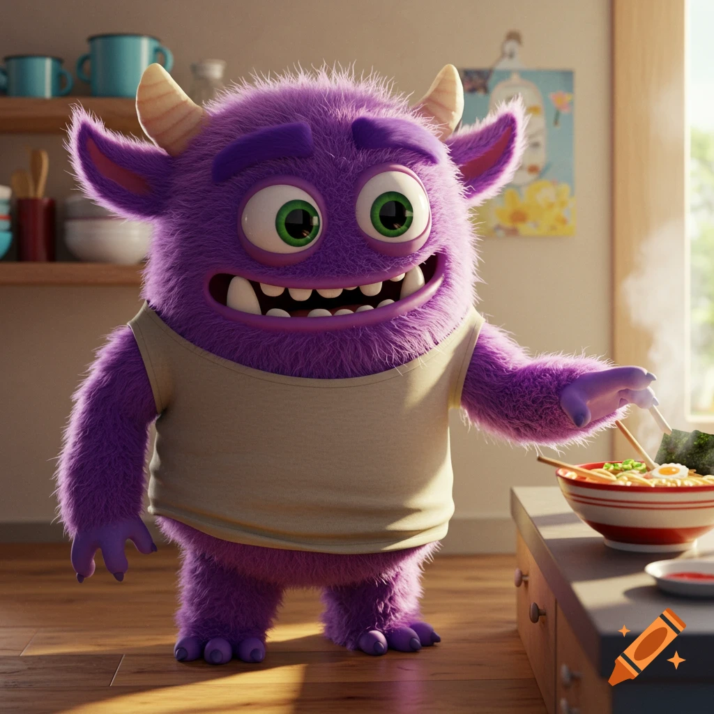 A purple furry monster eating ramen in a kitchen.
