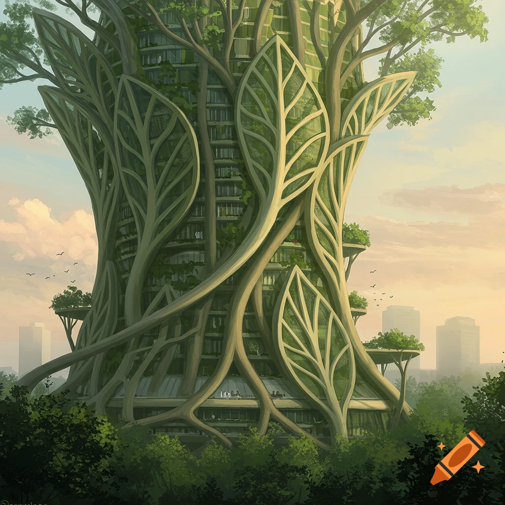 A building integrated with tree-like structures in a city.