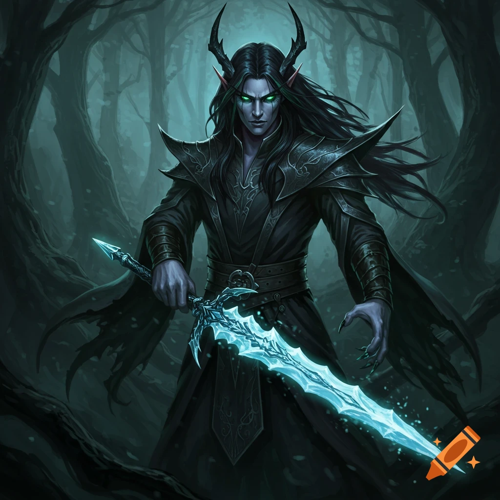 A dark fantasy character with glowing eyes and a glowing sword stands in a dark forest.