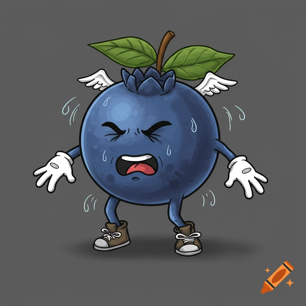 A cartoon blueberry with arms and legs is sweating from experiencing severe wind.