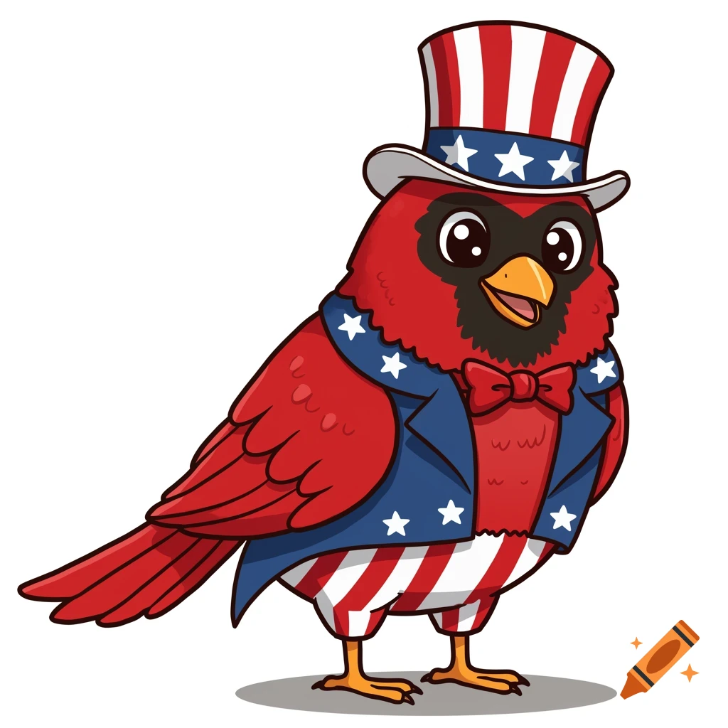 A cartoon cardinal bird wearing an Uncle Sam costume.