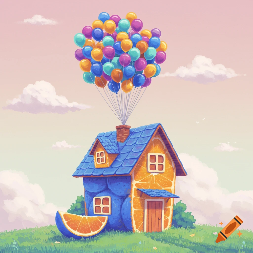 A whimsical house made of orange segments and blue material floats over a hill, held up by a large bunch of colorful balloons.