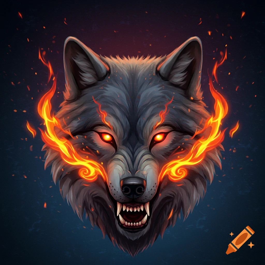 A fierce wolf head with glowing eyes and flames.