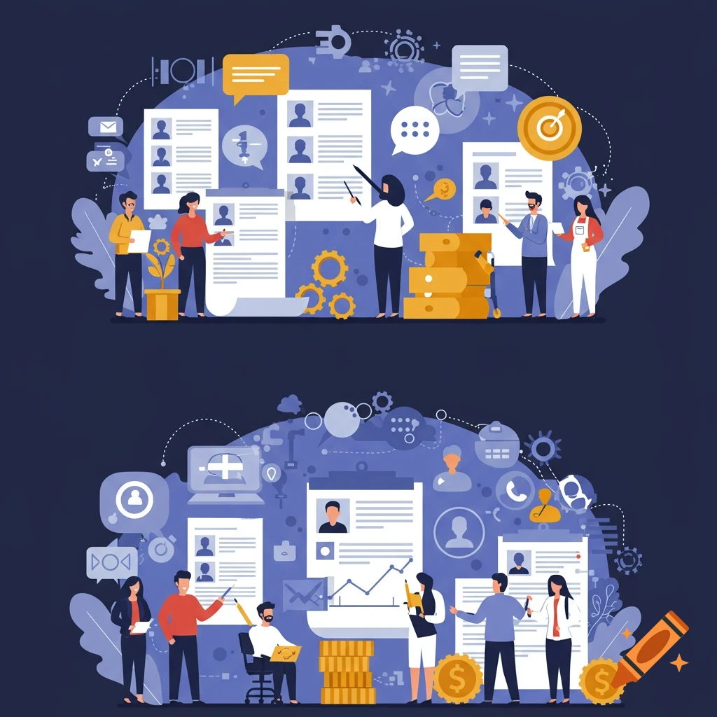 Illustration of people working with business documents, resumes, charts, and money symbols.