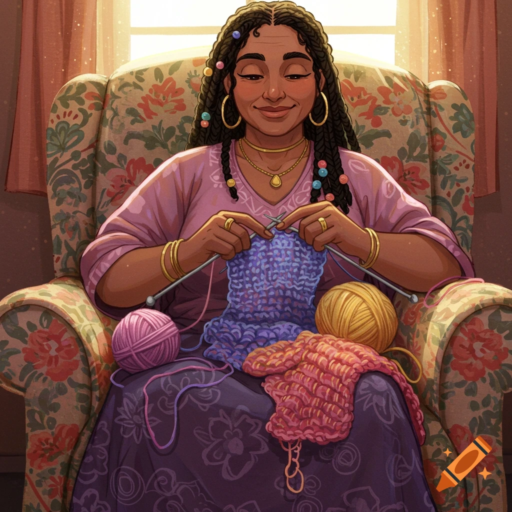 A woman knits and crochets while seated in a floral armchair.