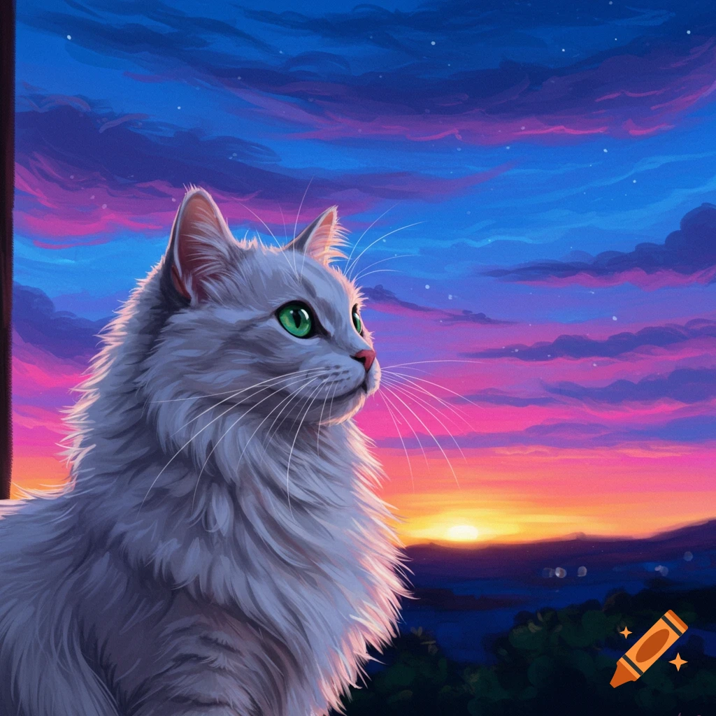 Fluffy white cat watches a blue and pink sunset over a landscape.