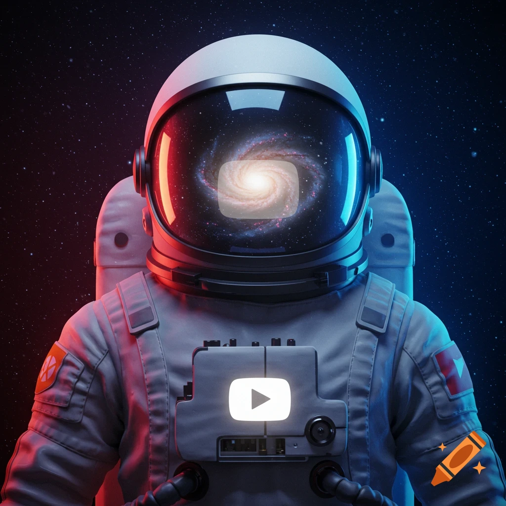 An astronaut in a space suit with a YouTube logo reflected in the visor and on the chest plate.