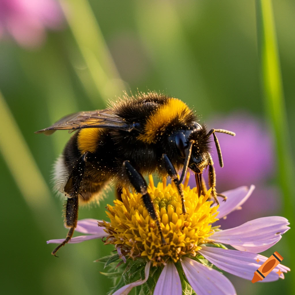 Close-up photorealistic macro photo of a bumblebee collecting nectar from a pink and yellow flower.