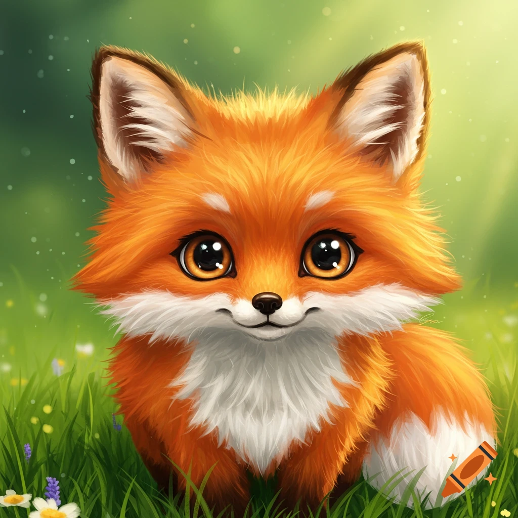 A cute cartoon fox sitting in grass.
