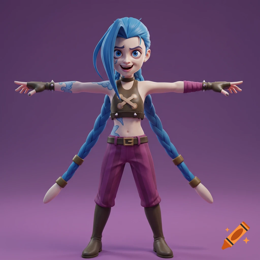 Stylized 3D render of Jinx from Arcane in a T-pose against a purple background.