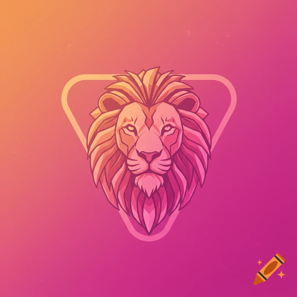 Stylized illustration of a lion's head inside a triangle outline, on a pink and orange gradient background.