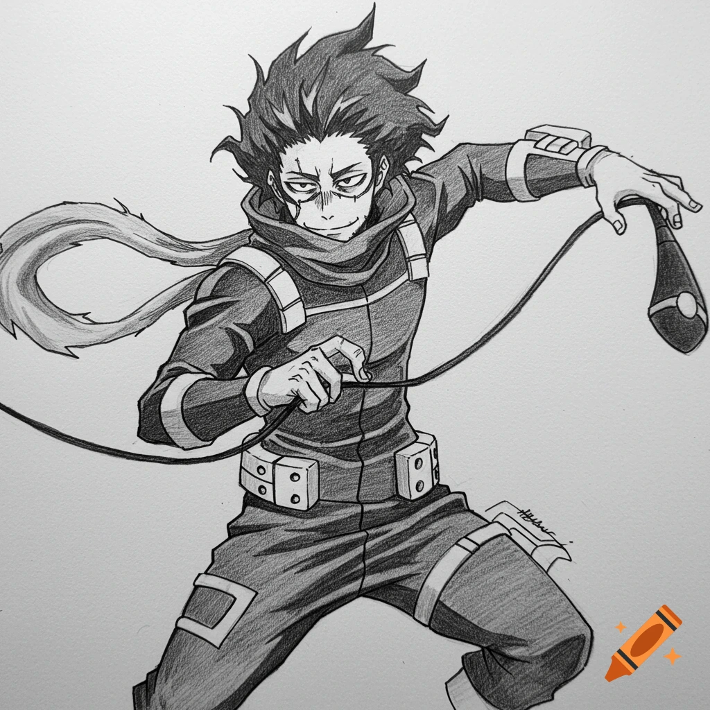 Sketch of anime character Aizawa from MHA in hero suit, action pose with scarf.