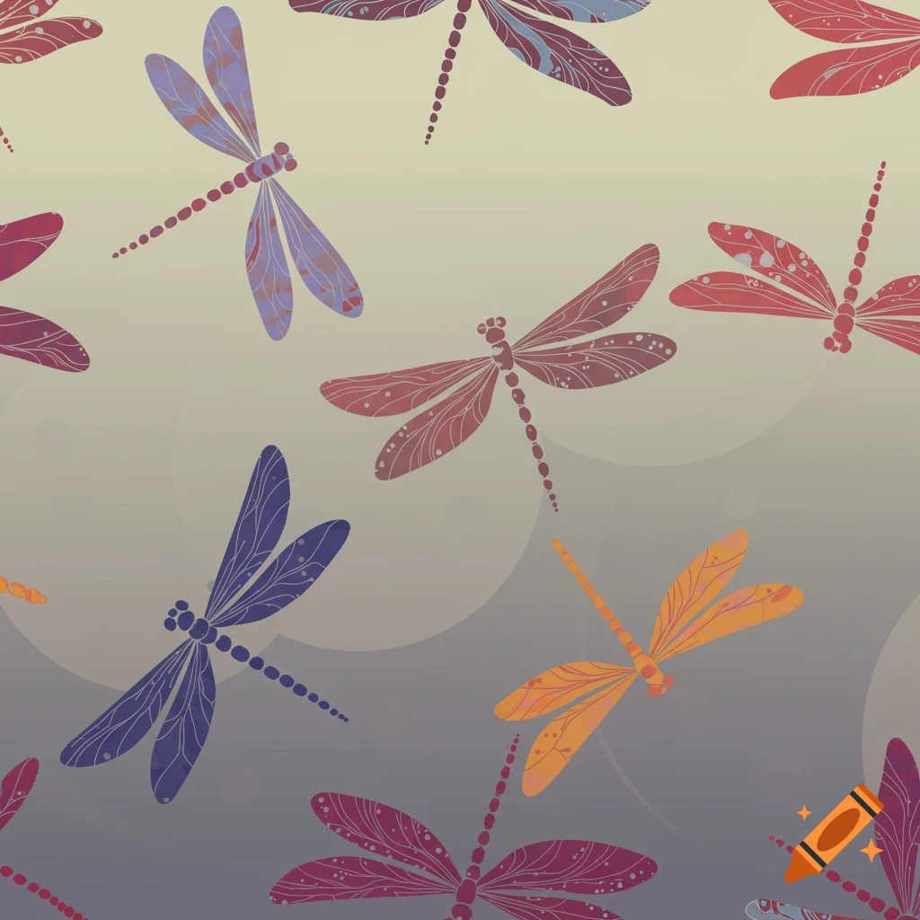 A pattern of purple, red, and orange stylized dragonflies on a gradient background.