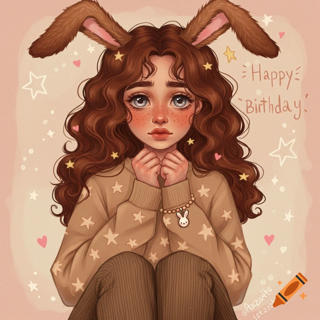  Young person with brown wavy hair, bunny ears, and cottagecore ...