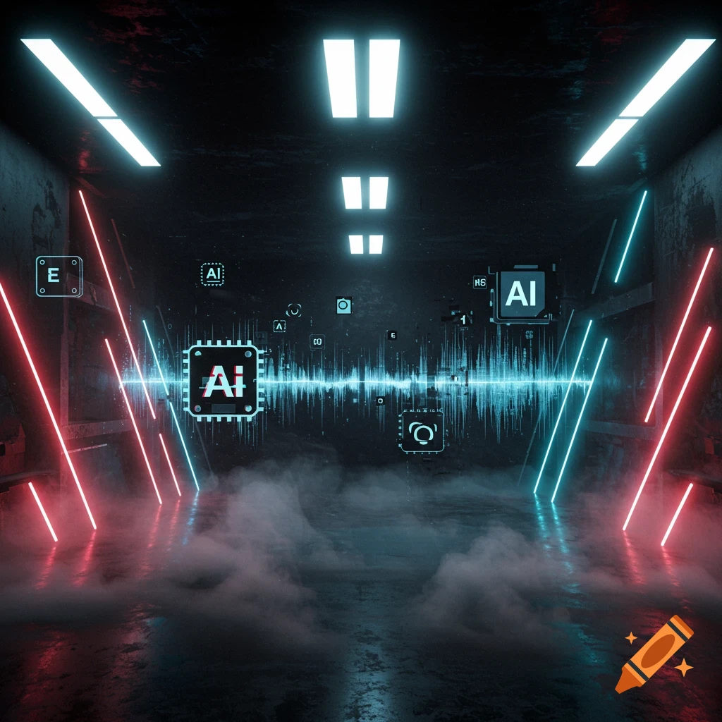 Dark futuristic lab with neon lights, smoke, floating AI chips, and a soundwave graphic.