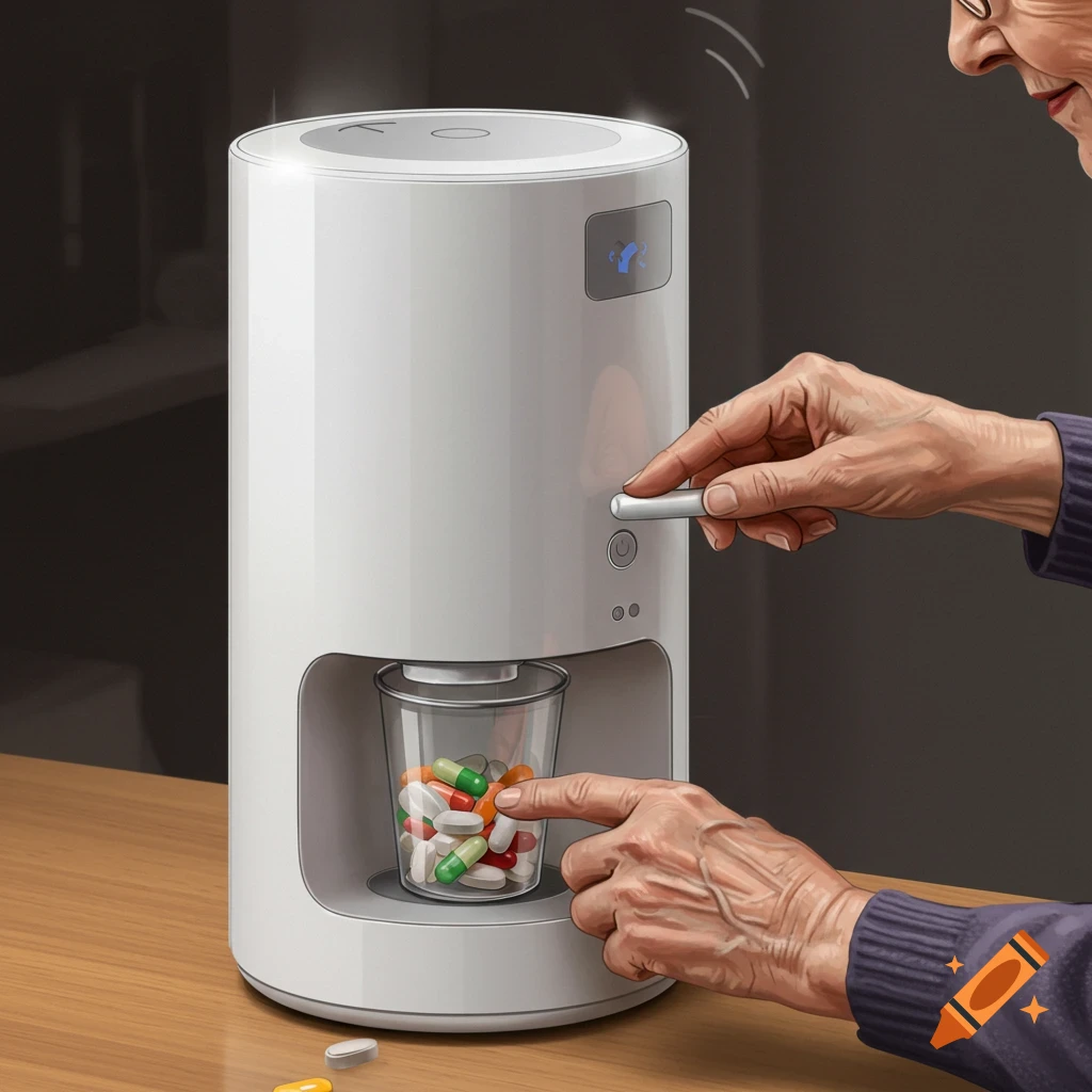An elderly person is dispensing pills into a cup from an automatic pill dispenser.