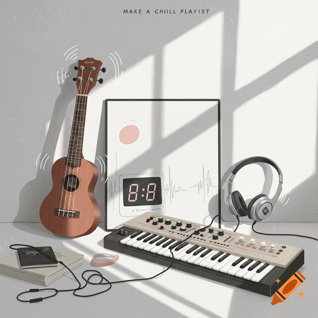 A still life of musical instruments including a ukulele, keyboard, and headphones, with books and the text "MAKE A CHIILL PLAYLIST".
