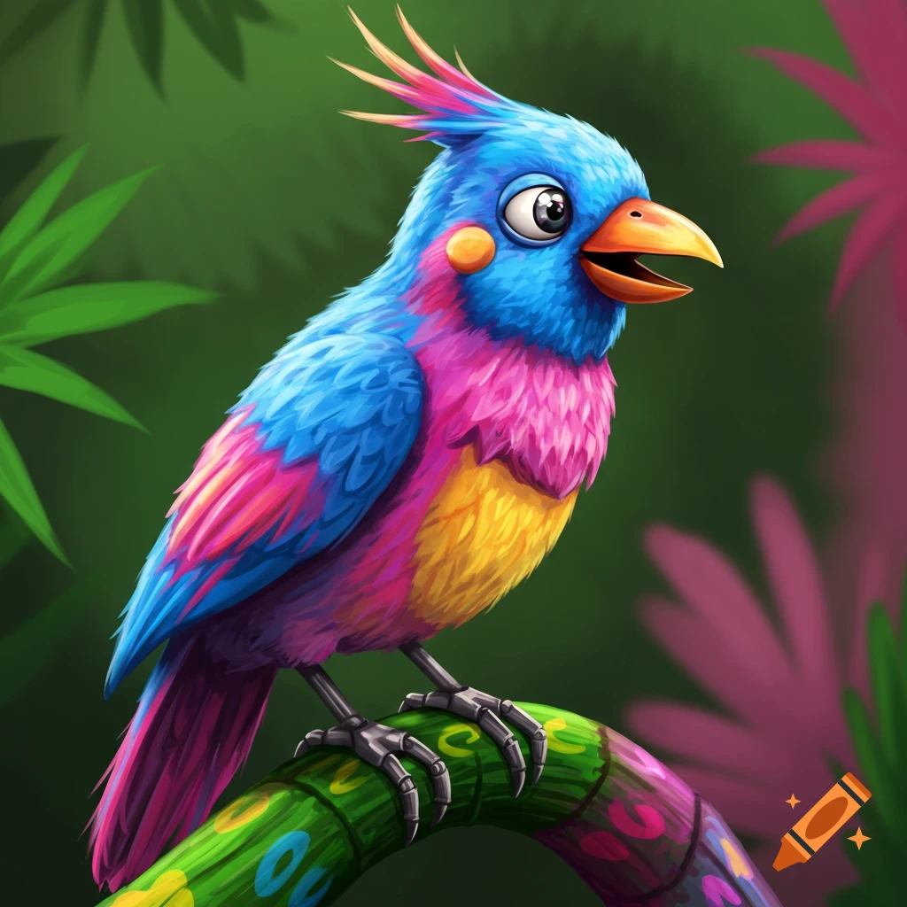 Colorful stylized bird on a patterned branch.