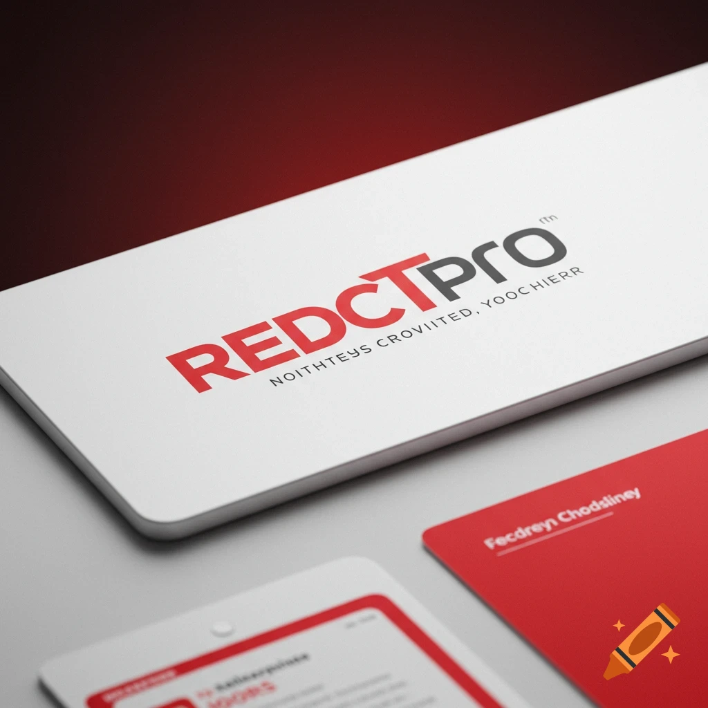 Close-up of business cards or branding elements with a logo and text in red and black.